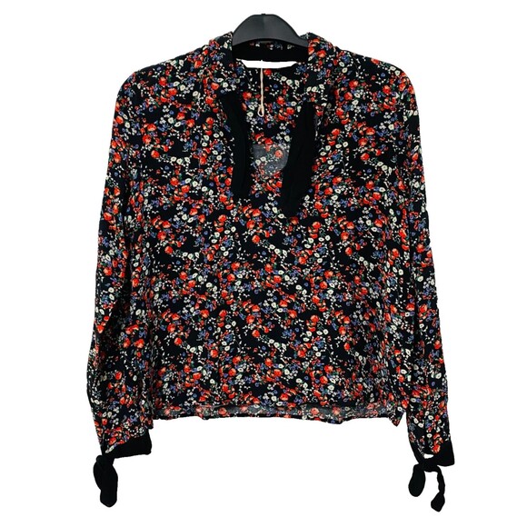 Zara Top Blouse Women's Size M Ribbon Floral Print Long Sleeve Collared - Picture 1 of 12